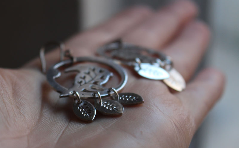 Soul messenger, botanical raven earrings in sterling silver 