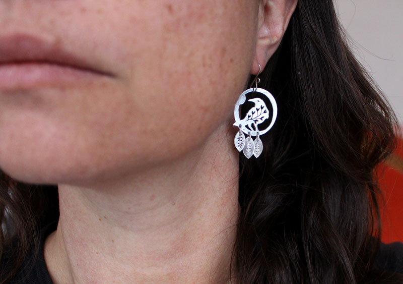 Soul messenger, botanical raven earrings in sterling silver 