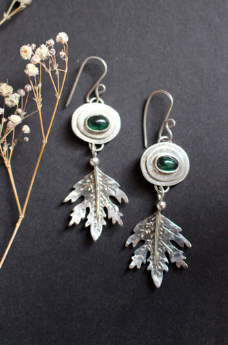 Spirit of the forest, leaf earrings in sterling silver and green tourmaline