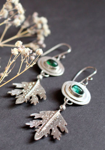 Spirit of the forest, leaf earrings in sterling silver and green tourmaline