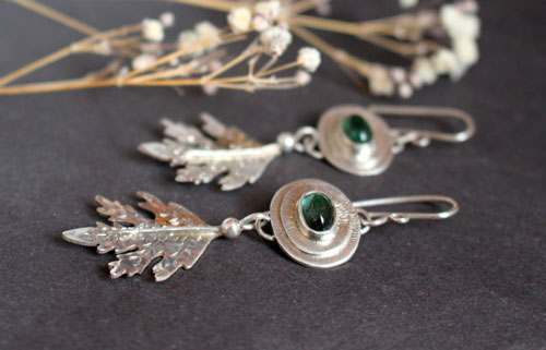 Spirit of the forest, leaf earrings in sterling silver and green tourmaline