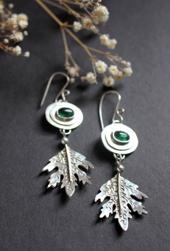 Spirit of the forest, leaf earrings in sterling silver and green tourmaline