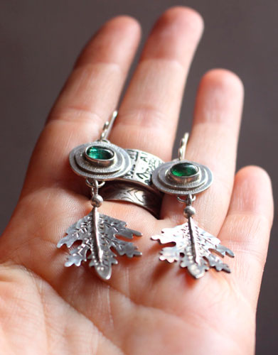 Spirit of the forest, leaf earrings in sterling silver and green tourmaline