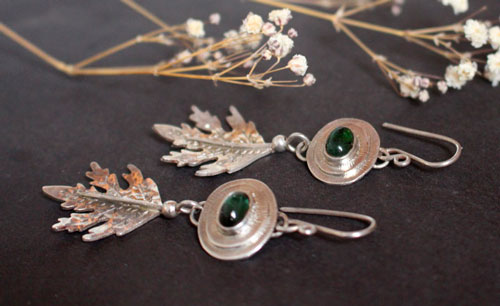 Spirit of the forest, leaf earrings in sterling silver and green tourmaline