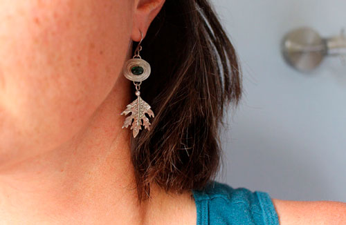 Spirit of the forest, leaf earrings in sterling silver and green tourmaline