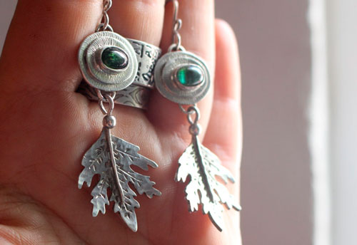 Spirit of the forest, leaf earrings in sterling silver and green tourmaline