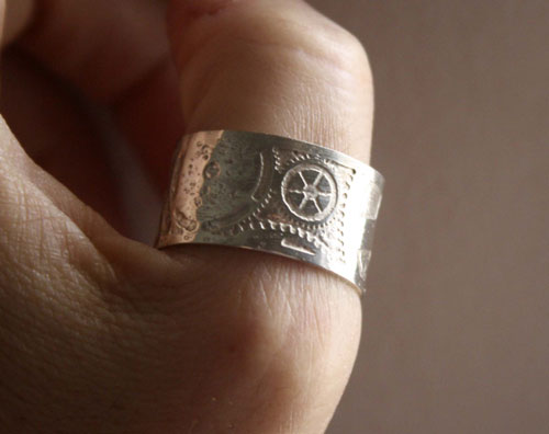 Steampunk, Neo-Victorian etched gears ring in sterling silver 
