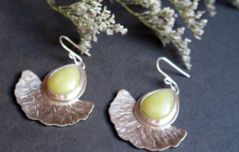 Sun leaves, gingko leaves earrings in sterling silver and aventurine