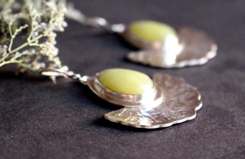 Sun leaves, gingko leaves earrings in sterling silver and aventurine