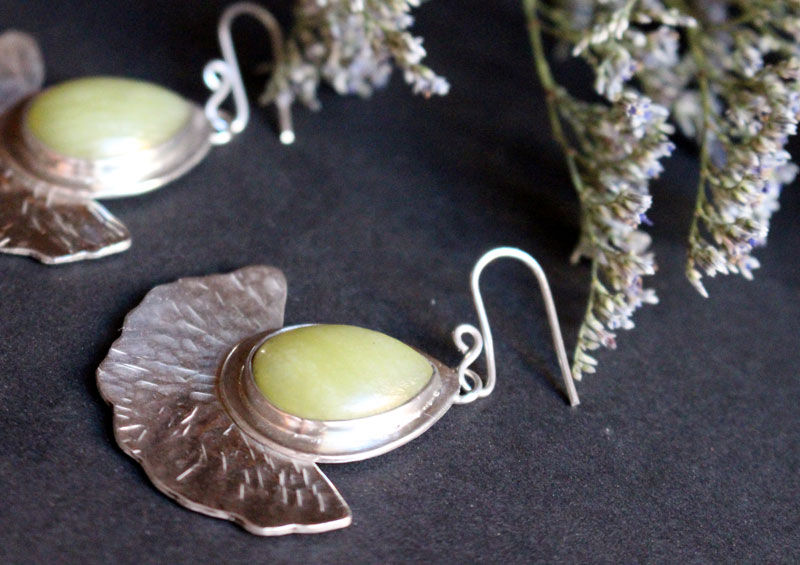 Sun leaves, gingko leaves earrings in sterling silver and aventurine