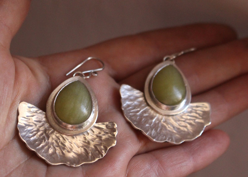 Sun leaves, gingko leaves earrings in sterling silver and aventurine