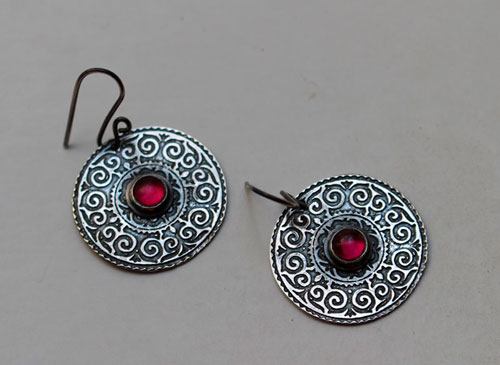 Suzani, Asian embroideries earrings in sterling silver and ruby 