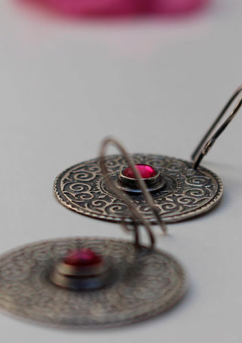 Suzani, Asian embroideries earrings in sterling silver and ruby 