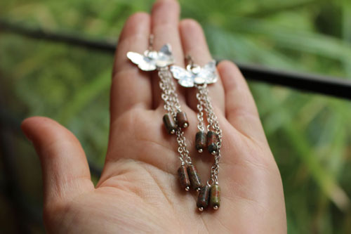 The butterfly effect, insect earrings in sterling silver and unakite