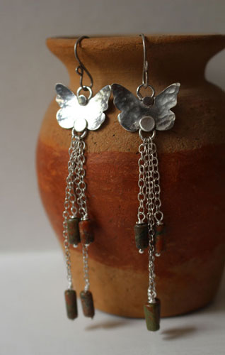 The butterfly effect, insect earrings in sterling silver and unakite