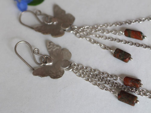 The butterfly effect, insect earrings in sterling silver and unakite