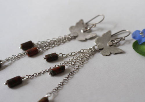 The butterfly effect, insect earrings in sterling silver and unakite