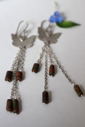 The butterfly effect, insect earrings in sterling silver and unakite