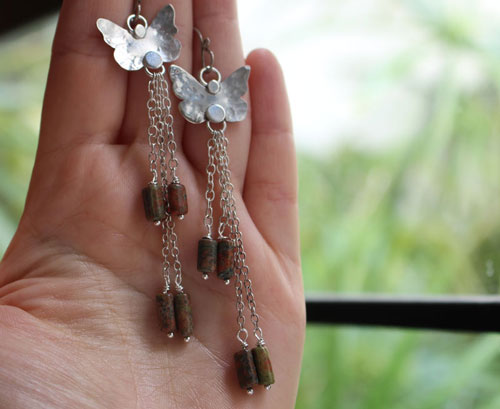 The butterfly effect, insect earrings in sterling silver and unakite