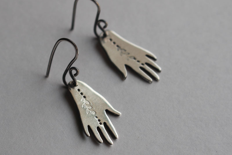 The gift of Gaia, hand and leaves earrings in sterling silver