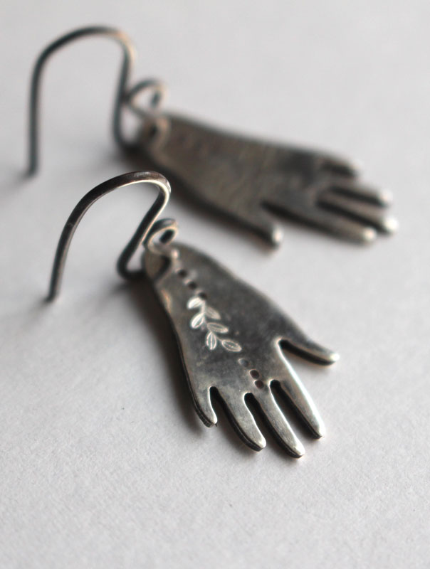 The gift of Gaia, hand and leaves earrings in sterling silver