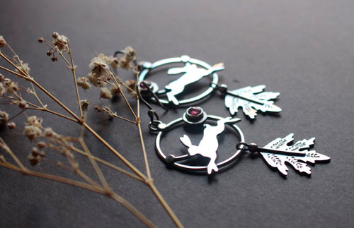 The hare of the dawn, rabbit earrings in sterling silver and pink tourmaline