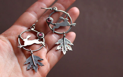 The hare of the dawn, rabbit earrings in sterling silver and pink tourmaline