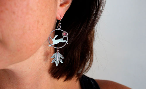 The hare of the dawn, rabbit earrings in sterling silver and pink tourmaline