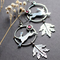 The hare of the dawn, rabbit earrings in sterling silver and pink tourmaline