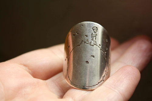 The little prince’s planet, Saint-Exupéry ring in etched sterling silver