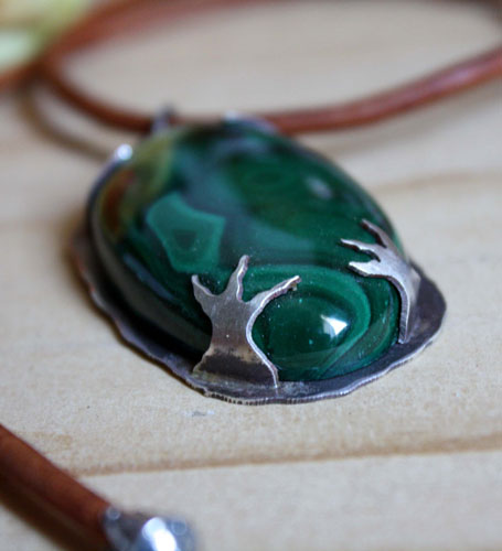 The realm of the crow, bird pendant in sterling silver and malachite