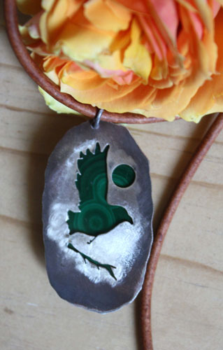 The realm of the crow, bird pendant in sterling silver and malachite