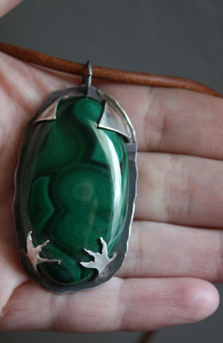 The realm of the crow, bird pendant in sterling silver and malachite