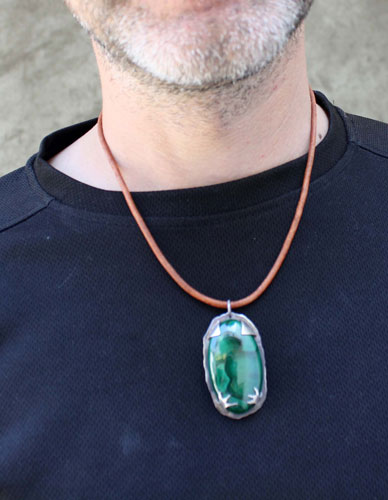 The realm of the crow, bird pendant in sterling silver and malachite