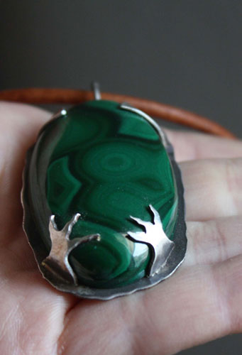 The realm of the crow, bird pendant in sterling silver and malachite