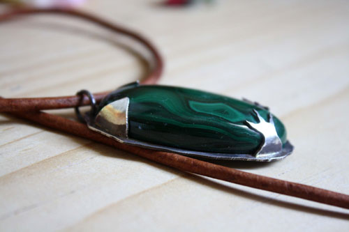 The realm of the crow, bird pendant in sterling silver and malachite