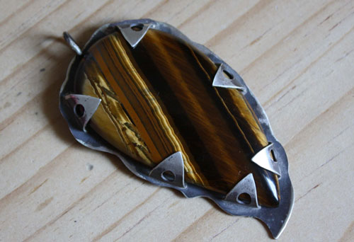 Tiger eye, rustic pendant in sterling silver and tiger eye