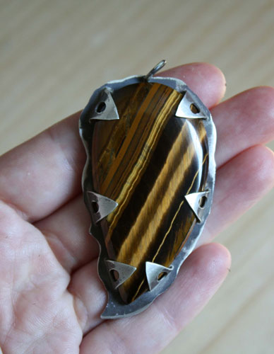 Tiger eye, rustic pendant in sterling silver and tiger eye