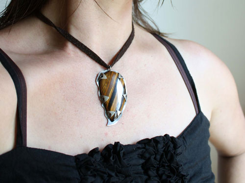Tiger eye, rustic pendant in sterling silver and tiger eye