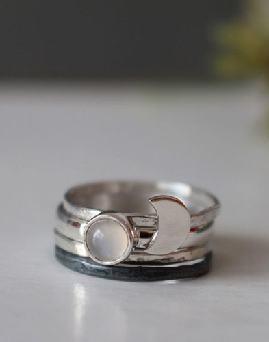 Travel to the moon, moon stacking ring in sterling silver and moonstone