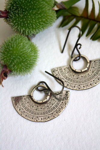 Tribal, Aztec crescent moon earrings in sterling silver