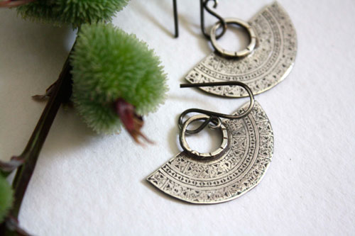 Tribal, Aztec crescent moon earrings in sterling silver