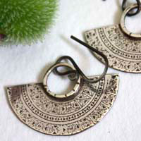 Tribal, Aztec crescent moon earrings in sterling silver