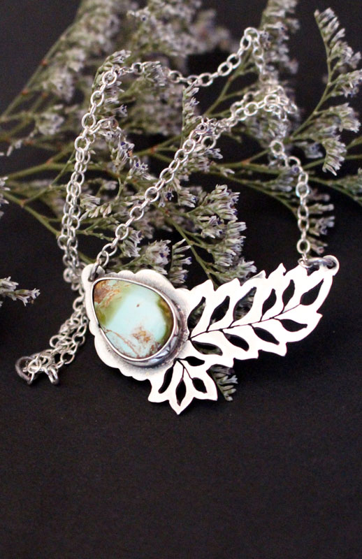 Turquoise hatching, leaf necklace in sterling silver and turquoise