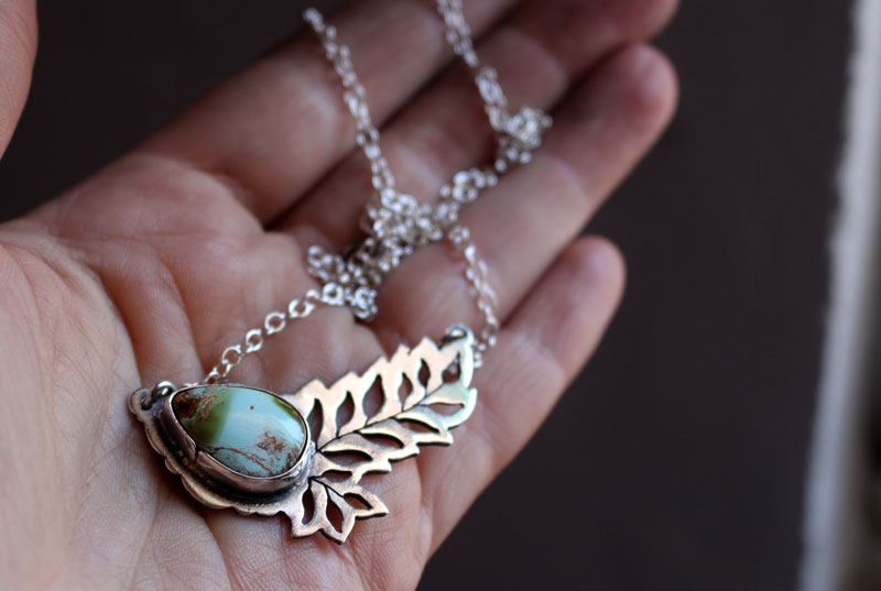 Turquoise hatching, leaf necklace in sterling silver and turquoise