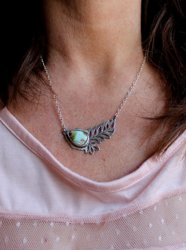 Turquoise hatching, leaf necklace in sterling silver and turquoise