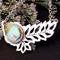 Turquoise hatching, leaf necklace in sterling silver and turquoise