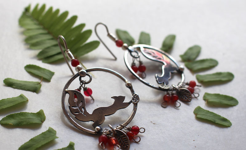 Under the berries, berries and squirrel earrings in sterling silver and coral 