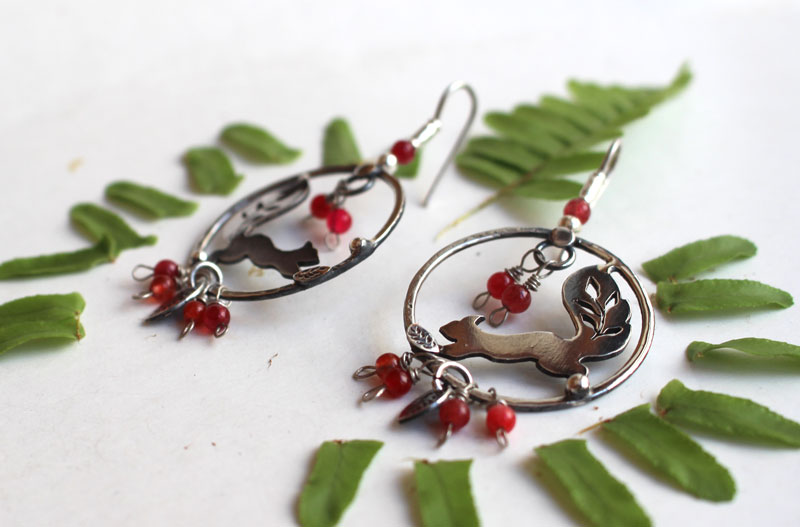 Under the berries, berries and squirrel earrings in sterling silver and coral 