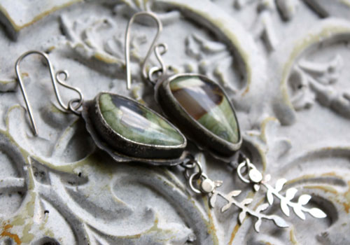 Undergrowth rain, fern earrings in sterling silver and rainforest jasper